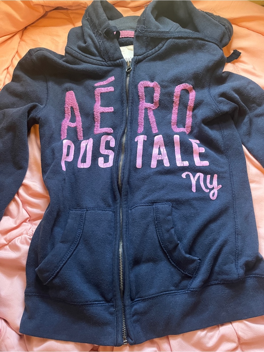 Aeropostale Womens Navy Zip Hoodie with Pink Logo Lettering